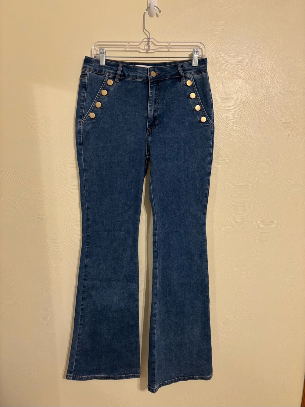 The Noli Shop Size 30 High Rise Flare Jeans Gold Button Front Dark Wash